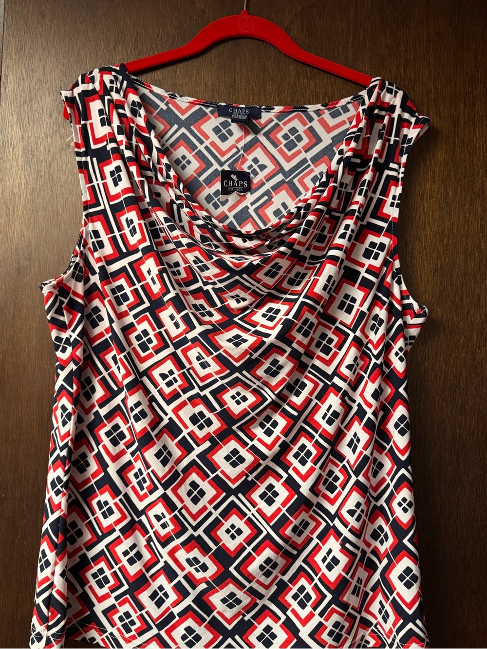 Chaps Red, Navy & White Geometric Cowl Neck Camisole